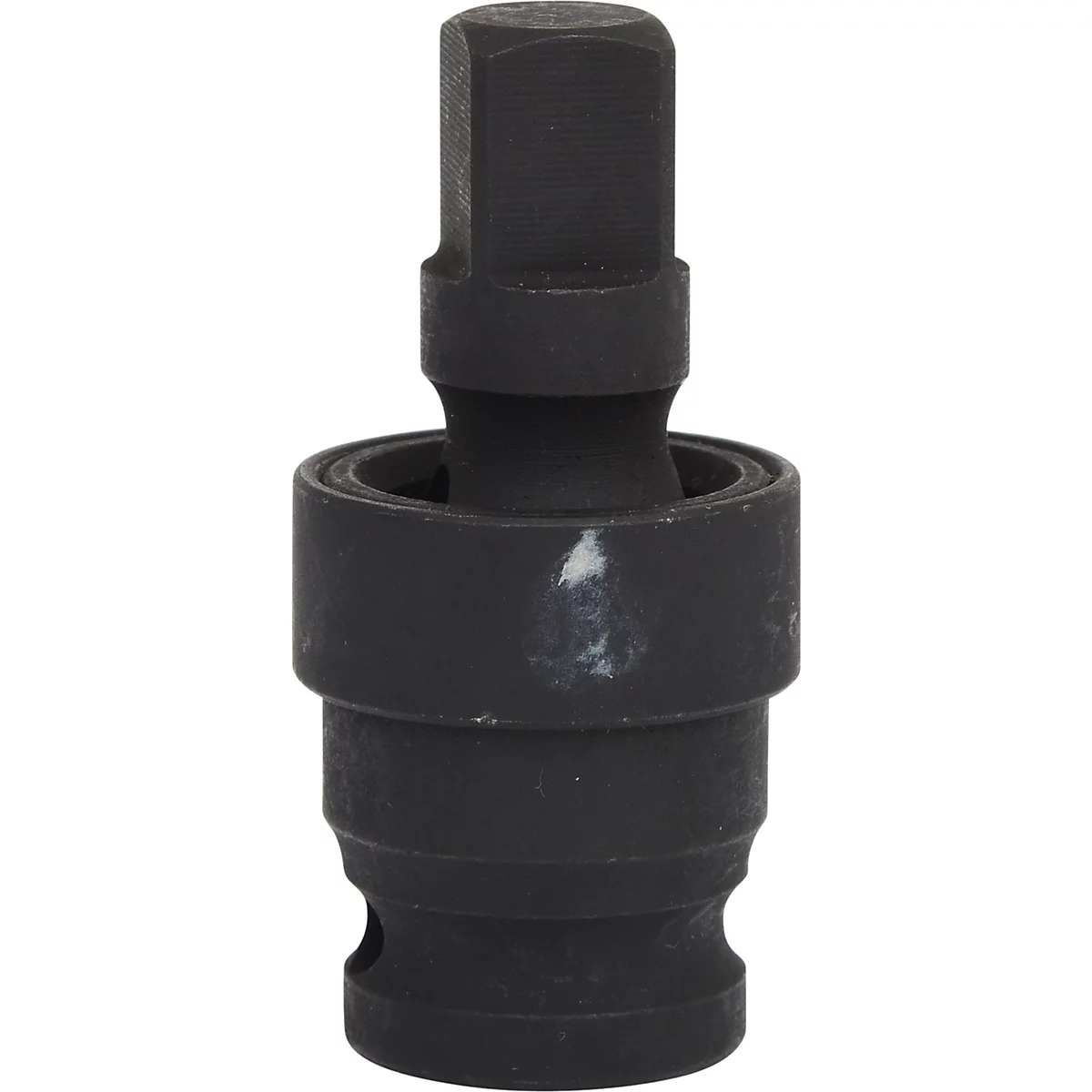 Schwarzer Adapter für ein Werkzeug. Der obere Teil ist quadratisch und der untere Teil hat einen runden Anschluss.